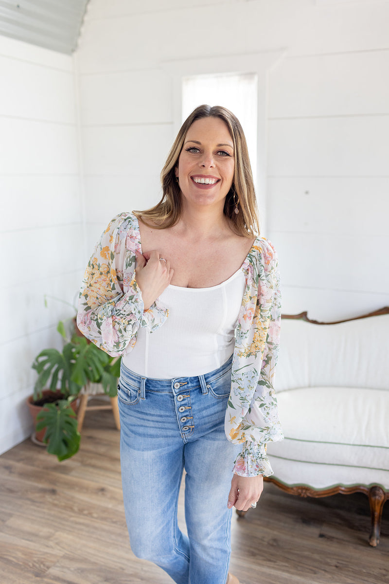 Impress Me Floral Sleeve Off White Bodysuit