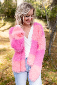 Check Please Fuzzy Color Block Sweater Cardigan