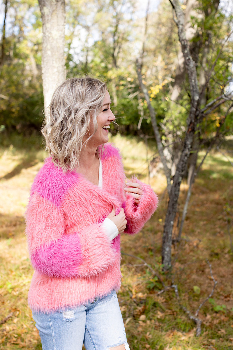 Check Please Fuzzy Color Block Sweater Cardigan