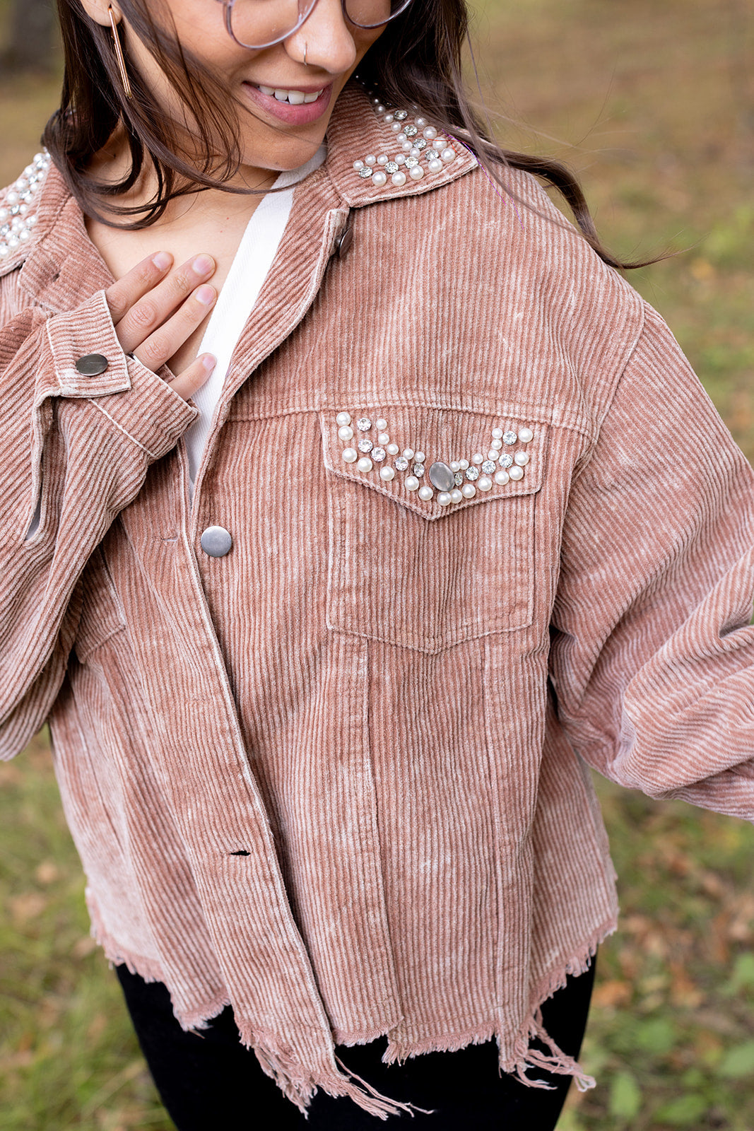 Having A Moment Pearl Studded Cord Jacket