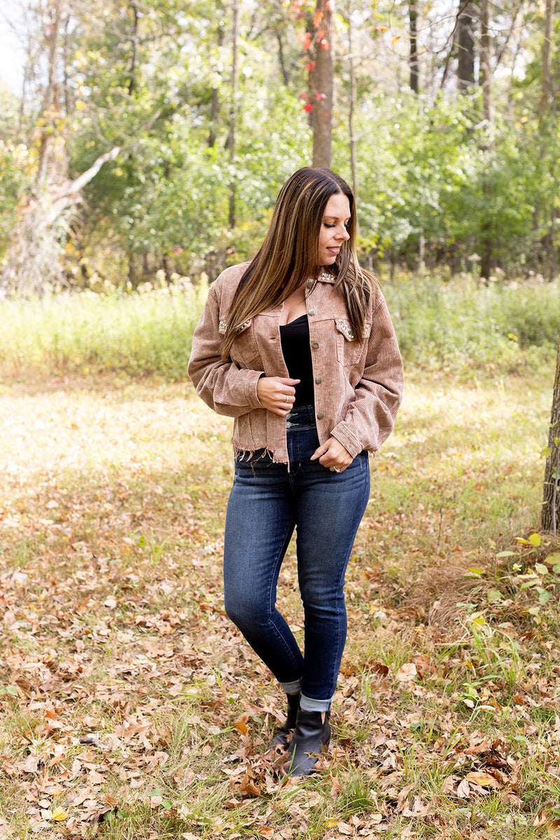 Having A Moment Pearl Studded Cord Jacket