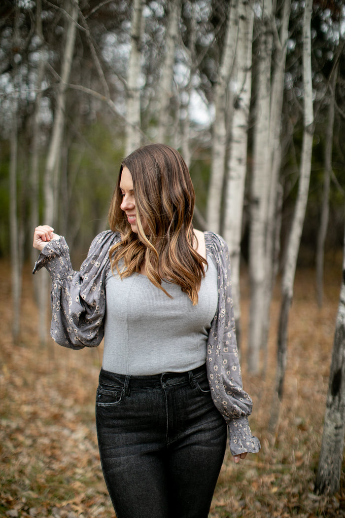 Darling You Grey Floral Sleeve Bodysuit - *1 LEFT*