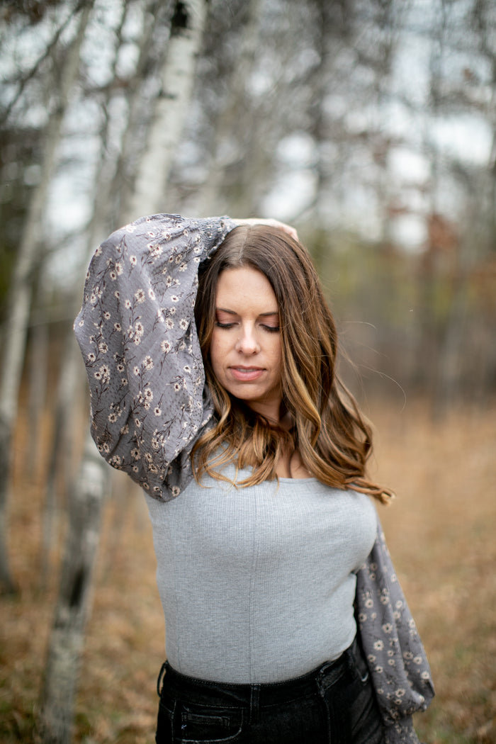 Darling You Grey Floral Sleeve Bodysuit - *1 LEFT*