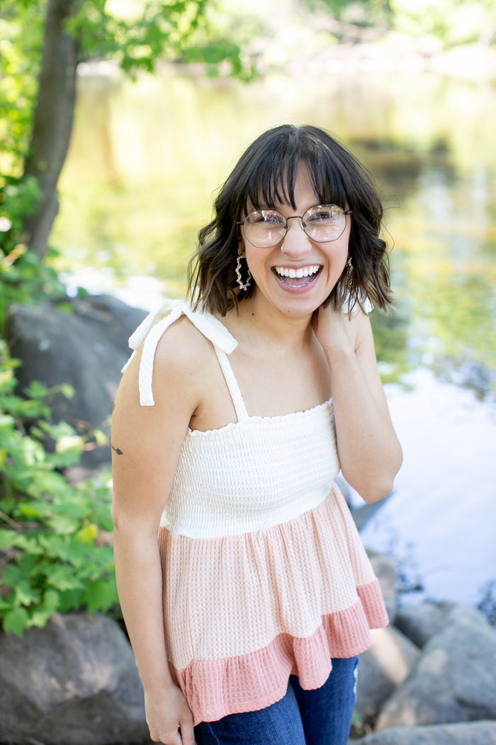 Long Weekend Peach Color Block Waffle Tank - *1 LEFT*