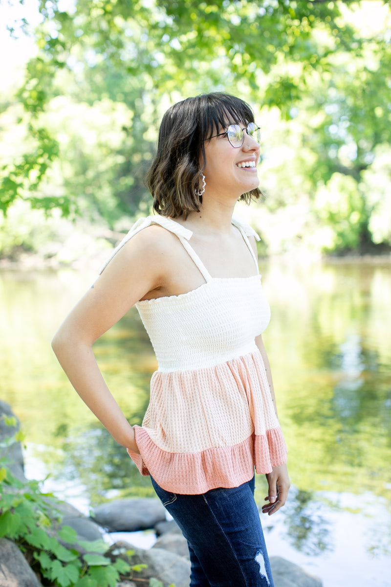 Long Weekend Peach Color Block Waffle Tank - *1 LEFT*