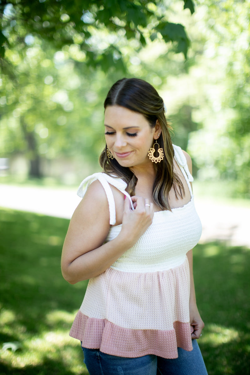 Long Weekend Peach Color Block Waffle Tank - *1 LEFT*