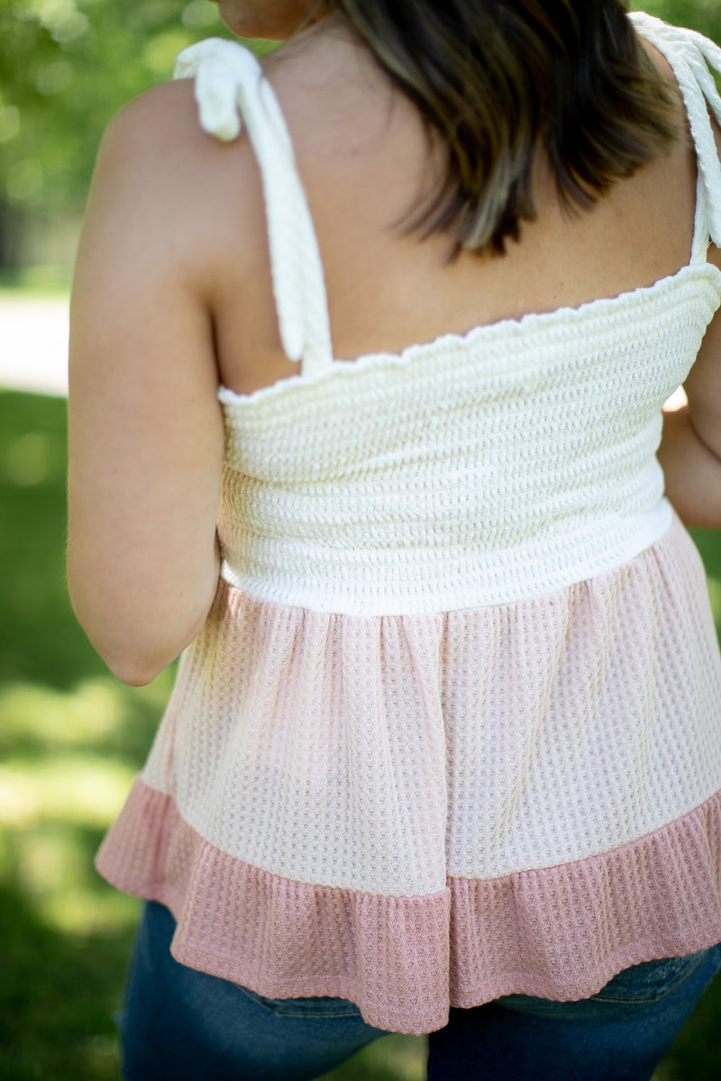 Long Weekend Peach Color Block Waffle Tank - *1 LEFT*